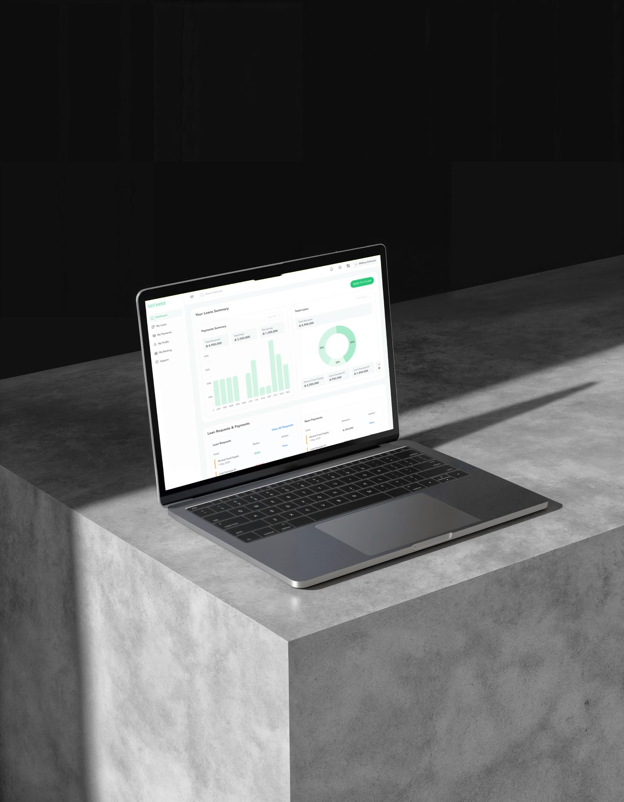 Tasheelat fintech dashboard on a laptop.
