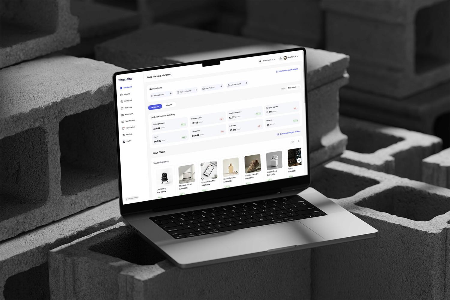 Shamel360 warehouse management dashboard on a laptop.