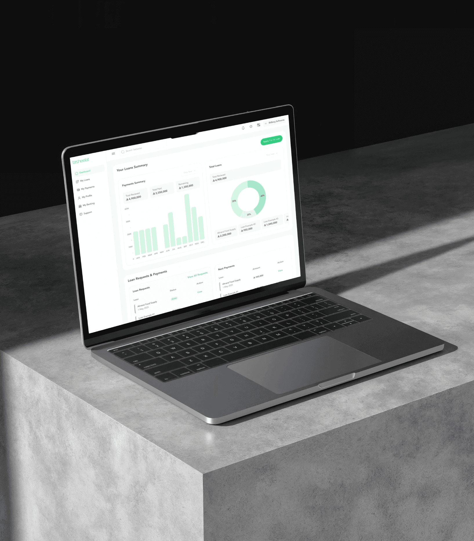 Tasheelat fintech dashboard on a laptop.