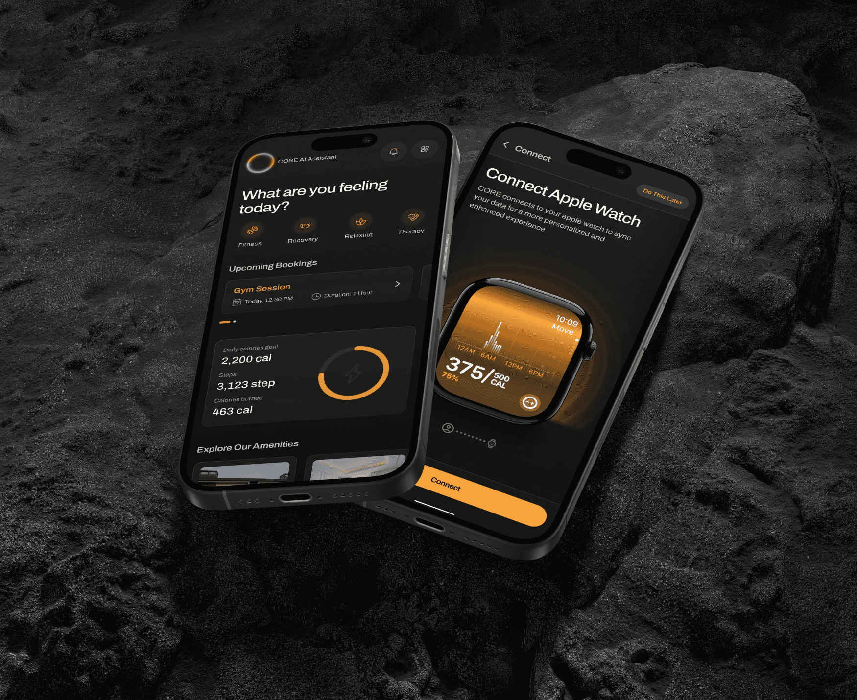 CORE mobile wellness app screens on a dark rocky surface.