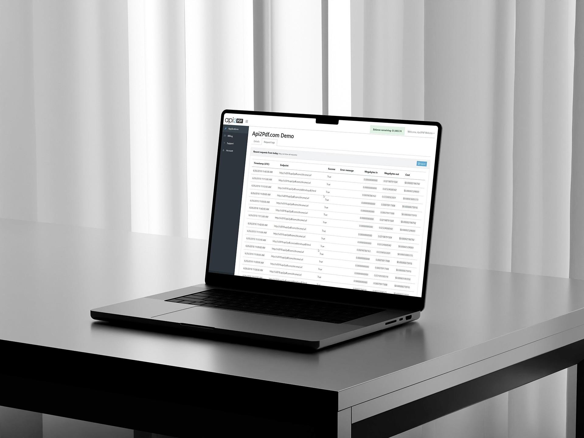 Api2Pdf document conversion dashboard on a laptop.